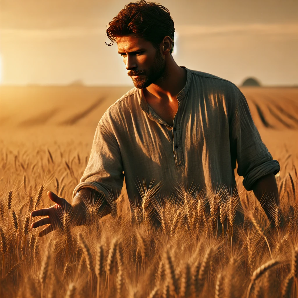 Contadino che attraversa un campo di grano